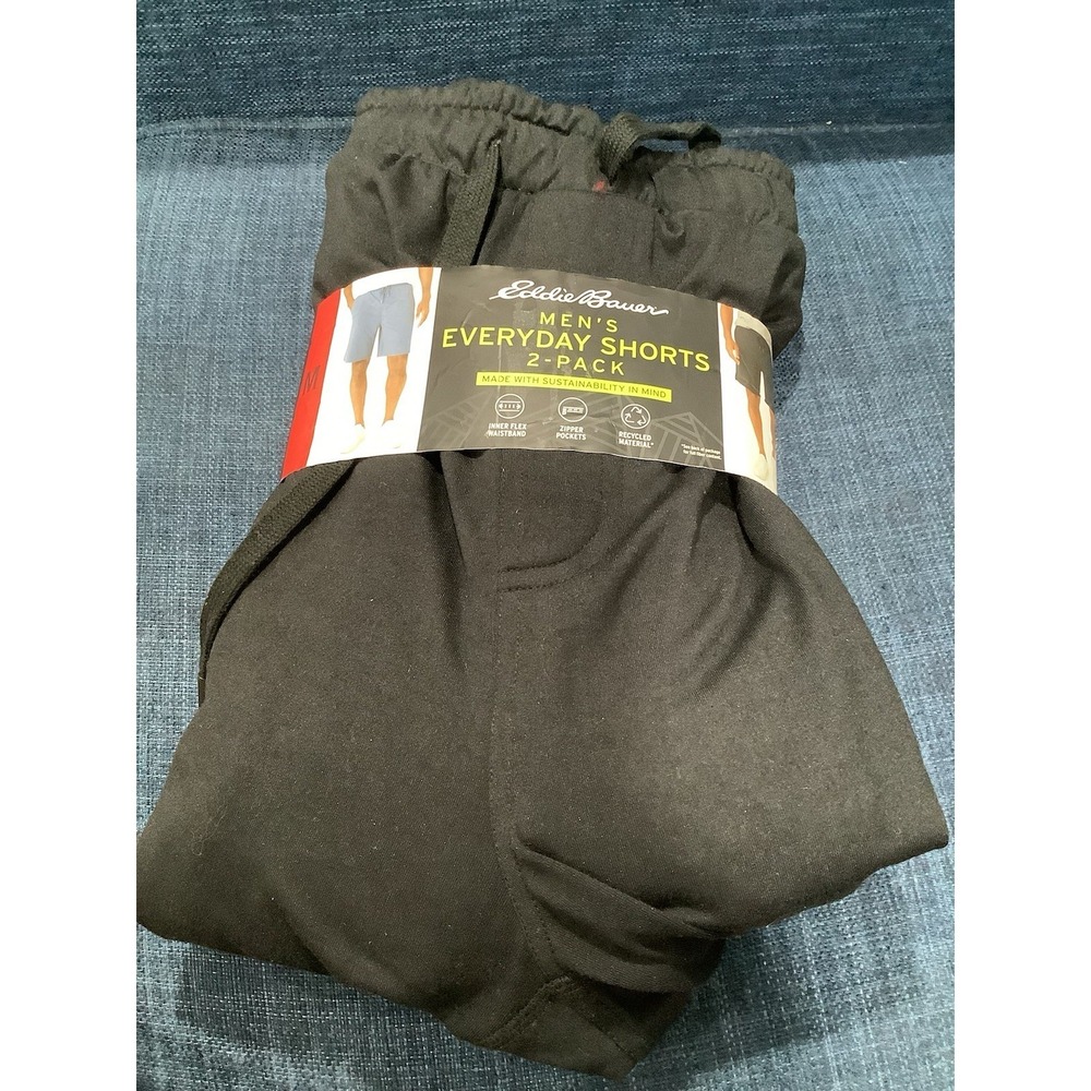 Eddie Bauer Men's 2-Pack Everyday Shorts Black/Blue, Lounge Zip Pocket, M - Picture 1 of 3